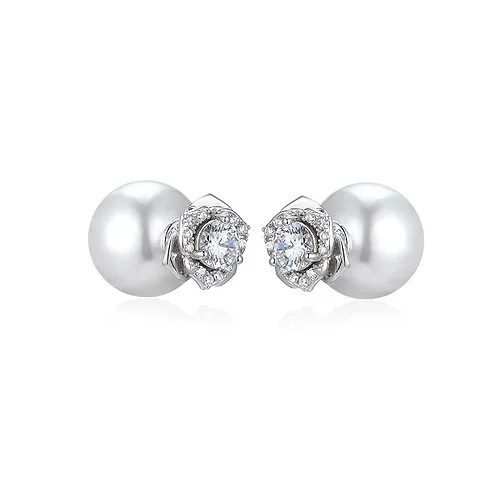Sterling Silver Zicron Camellia Pattern Cultured Pearl Earrings